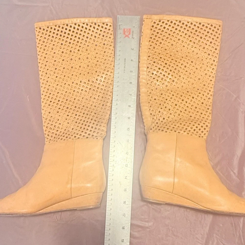 Loeffler Randall Brown Perforated Wedge Heel Knee High Riding Boots Size 6 $498